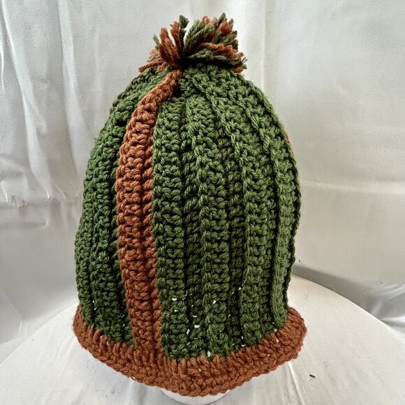 Crochet large green and brown stocking hat cap handmade nwot unisex 13" x 12" - Picture 5 of 8